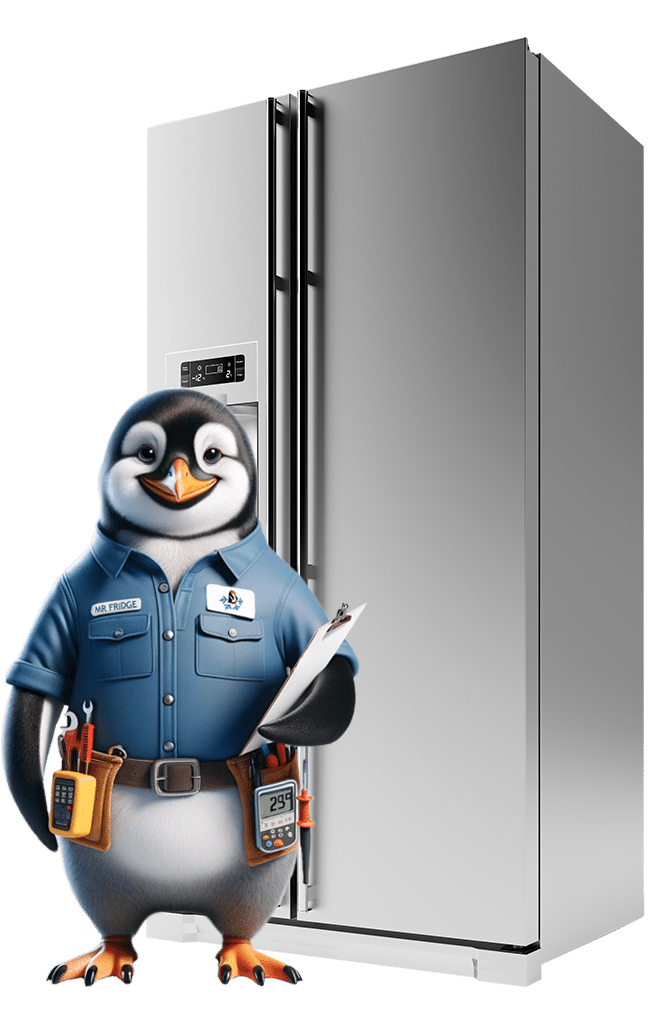 Mr. Fridge mascot, a penguin, holding a clipboard and standing in front of a residential refrigerator, representing expert residential fridge repair services in Seattle.